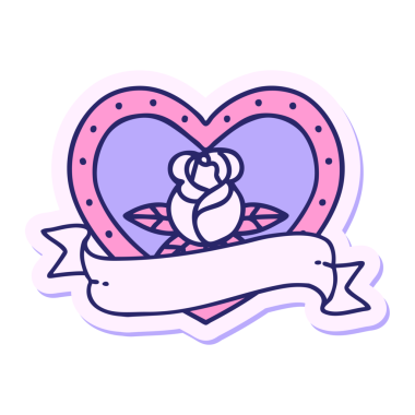 Dövme çıkartması geleneksel bir kalp stili gül ve parlak neon renkli pankart.