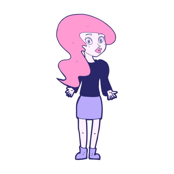 Parlak neon renkli omuzlarını silkeleyen çizgi film kadını.