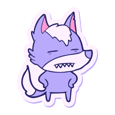 Parlak neon renkli dişlerini gösteren bir kurt çizgi filminin çıkartması.