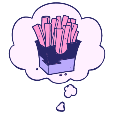 Çizgi roman tarzında parlak neon renkli düşünce baloncuğu olan çizgi film kızartmaları.