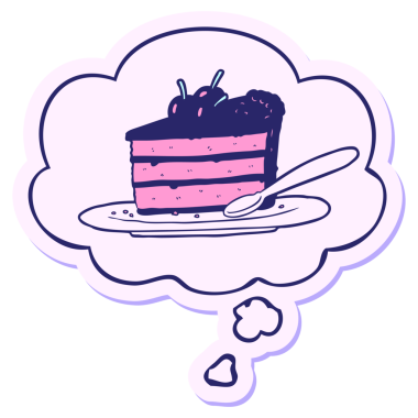 Düşünce baloncuğu parlak neon renkli çıkartma olarak basılmış çikolatalı pasta.