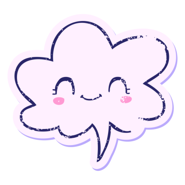 Konuşma baloncuğu olan sevimli çizgi film yüzü, parlak neon renginde sıkıntılı eski bir çıkartma.