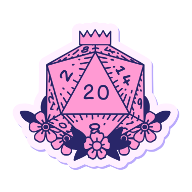 Doğal bir 20 D20 zarının çıkartması. Parlak neon renkli çiçek elementleriyle birlikte.