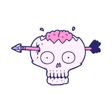 parlak neon renkli okla beyni delip geçen bir kafatası.