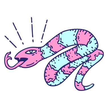 Geleneksel dövme stili parlak neon renkli tıslayan yılanın çizimi