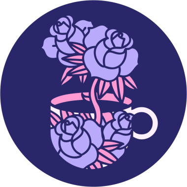 Bir fincanın ikonik dövme şekli ve parlak neon renkli çiçekler