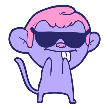 Komik çizgi film maymunu parlak neon renkli gözlük takıyor.