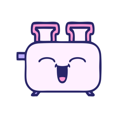 Parlak neon renkli bir tost makinesi karikatürü.