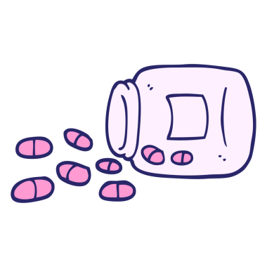 El çizimi karikatür tarzı parlak neon renkli haplar.