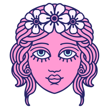 Geleneksel kadın yüzlü dövme, parlak neon renginde çiçekler.