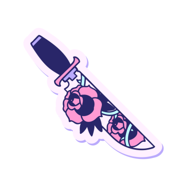 Geleneksel hançer stili dövme çıkartması ve parlak neon rengi çiçekler.