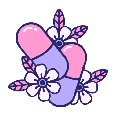 Parlak neon renkli hap ve çiçeklerin ikonik dövme görüntüsü