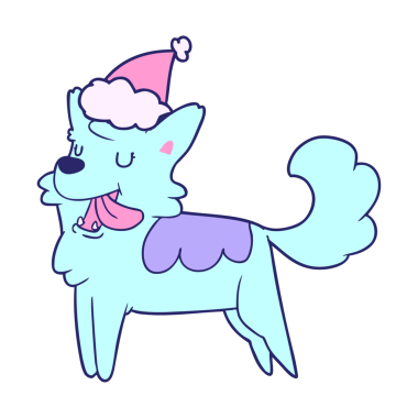 Parlak neon renkli Noel Baba şapkası takan mutlu bir köpeğin el çizimi.