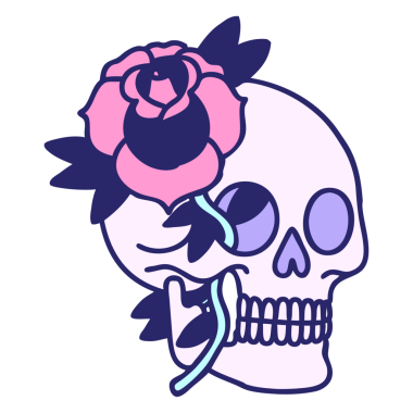 geleneksel kafatası şeklinde dövme ve parlak neon rengi gül.