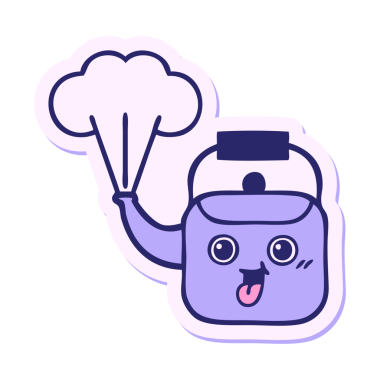 Güzel bir çizgi filmin çıkartması parlak neon renkli buharlı çaydanlık.