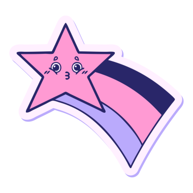 Parlak neon renkli gökkuşağı yıldızını vuran sevimli bir çizgi film çıkartması.