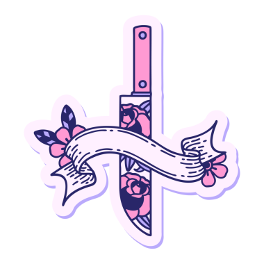 Hançer sancağıyla dövme stili çıkartması ve parlak neon renkli çiçekler