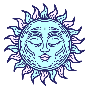 Parlak neon renkli geleneksel bir güneş dövmesi.