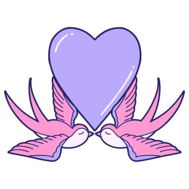 Kırlangıçların ikonik dövme şekli ve parlak neon renkli bir kalp.