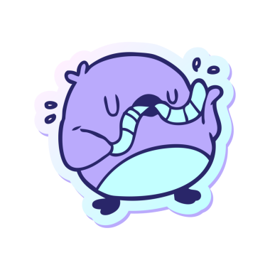 Parlak neon renkli solucanlı robin çizgi film etiketi.