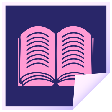 Parlak neon renkli açık bir kitabın kare soyma etiketi karikatürü