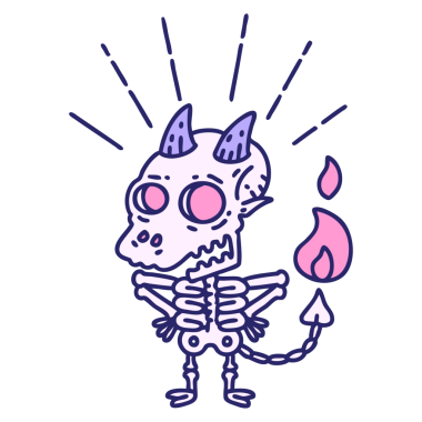 Parlak neon renkli geleneksel bir dövme stili iskelet iblis karakteri çizimi