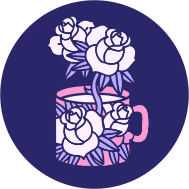 Bir fincanın ikonik dövme şekli ve parlak neon renkli çiçekler