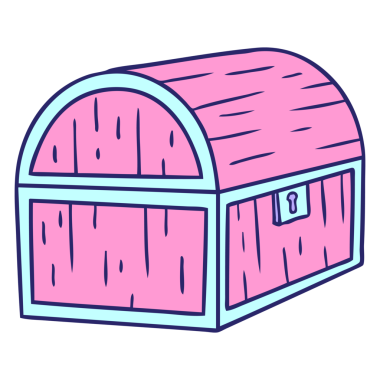 Parlak neon renkli bir hazine sandığının el çizimi karikatürü.