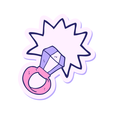 Çizgi filmin çıkartması. Parlak neon renkli kocaman nişan yüzüğü.