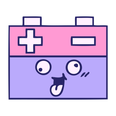 Parlak neon rengi bir araba aküsünün şirin çizgi filmi.