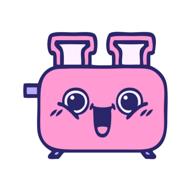 Parlak neon renkli bir tost makinesi karikatürü.