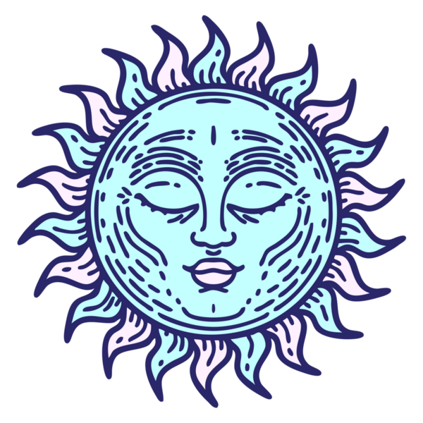 Parlak neon renkli geleneksel bir güneş dövmesi.