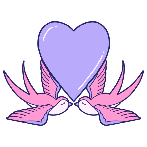 Kırlangıçların ikonik dövme şekli ve parlak neon renkli bir kalp.