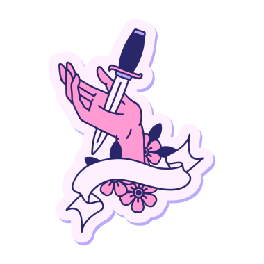 Elinde parlak neon rengi bir hançer pankartı olan dövme stili.