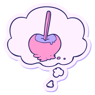 Düşünce baloncuğu parlak neon renkli çıkartma olarak basılmış elma şekeri çizgi filmi.