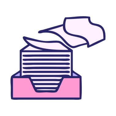 Bir yığın ofis kağıdının parlak neon renkli şirin karikatürü.