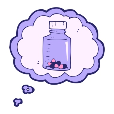 Parlak neon renkli hapların serbest çizim düşünce balonu karikatür kavanozu