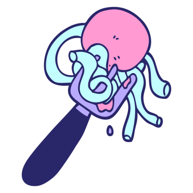 El çizimi karikatür tarzı spagetti ve çatal üzerinde parlak neon renkli köfteler.