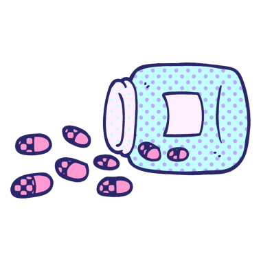 çizgi roman tarzı parlak neon renkli haplar.