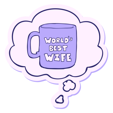 Dünyanın en iyi karısı, parlak neon renkli bir çıkartma gibi düşünce baloncuğu olan bir kupa.