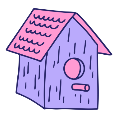 Parlak neon renkli ahşap bir kuş evinin el çizimi karikatürü.