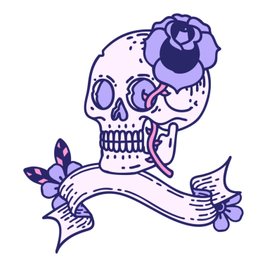 Kafatası sancağıyla geleneksel dövme ve parlak neon rengi gül.