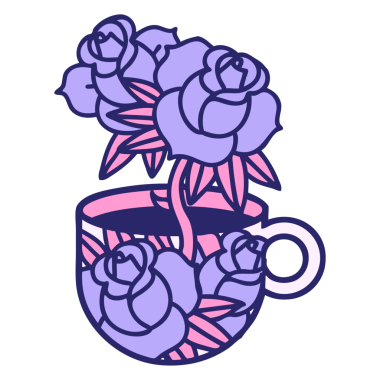 Bir fincanın ikonik dövme şekli ve parlak neon renkli çiçekler