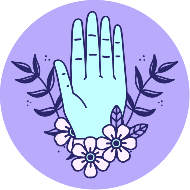 Parlak neon renkli bir el ve çiçeğin ikonik dövme şekli