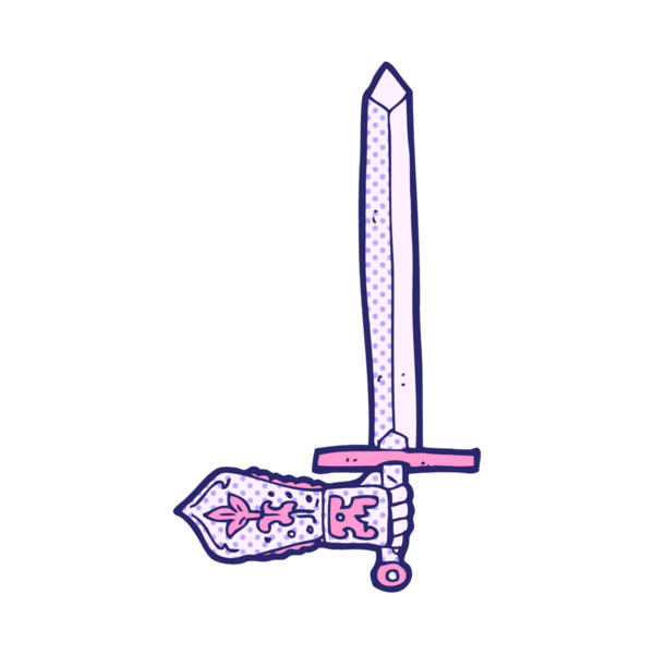 çizgi film kılıcı ve parlak neon renkli el.