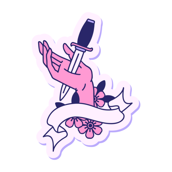 Elinde parlak neon rengi bir hançer pankartı olan dövme stili.