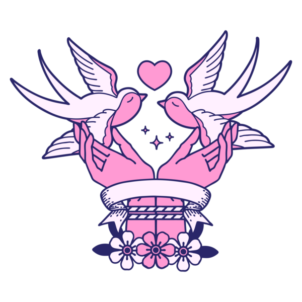 Elleri bağlı geleneksel dövme ve parlak neon rengi yutuyor.