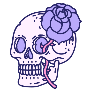 Bir kafatasının ikonik dövme şekli ve parlak neon rengi gül