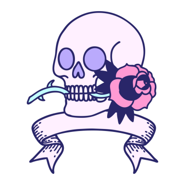 Kafatası sancağıyla geleneksel dövme ve parlak neon rengi gül.