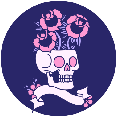 parlak neon renkli güller ve kafatası sancağıyla dövme stili simgesi